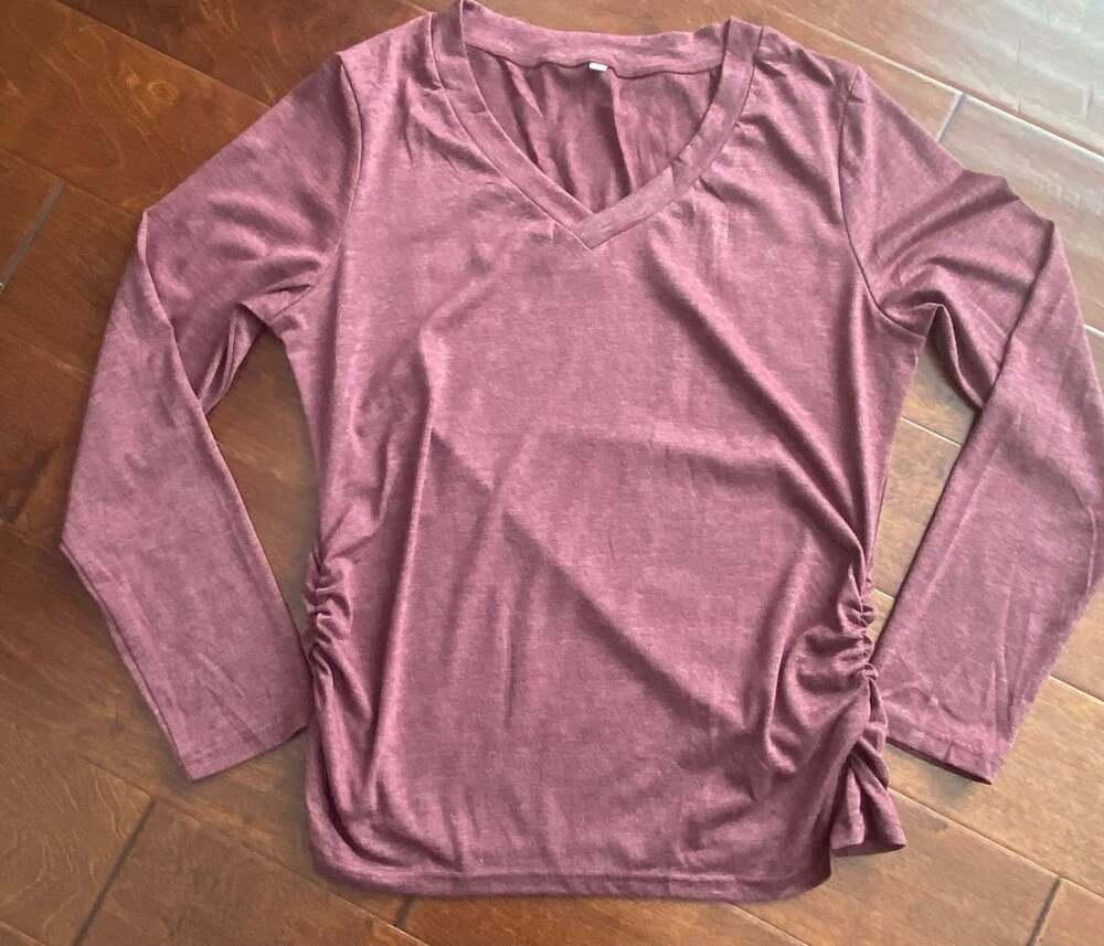 Unbranded V-Neck Long Sleeve Ruched Top Size L Mauve Heather Casual Shirt